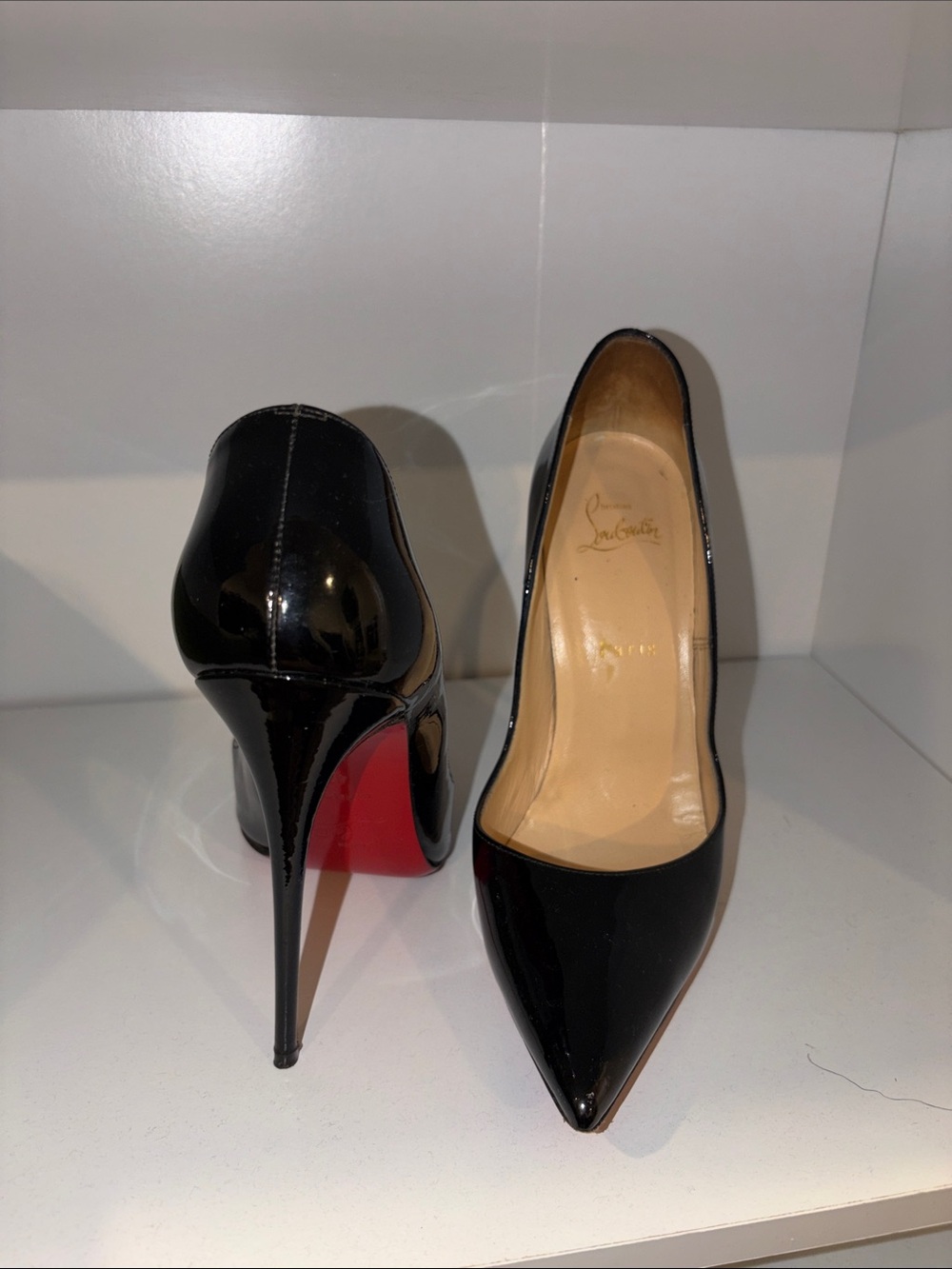 Christian Louboutin Black Patent Leather Pointed Toe Pumps - Red Sole